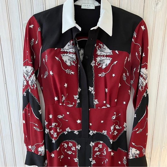 ✨2X HOST PICK✨ SANDRO ROSA SHIRT DRESS BURGUNDY & BLACK LION PRINT - EU SIZE 36 - Picture 3 of 5